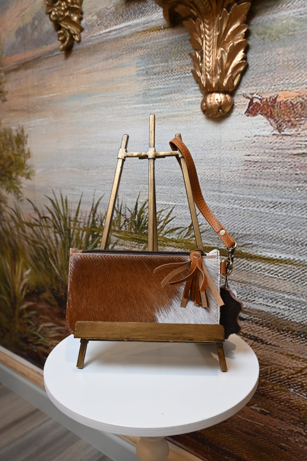 Cowhide Wristlet Clutch – Chestnut & White