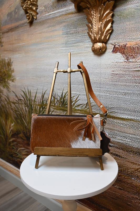 Cowhide Wristlet Clutch – Chestnut & White